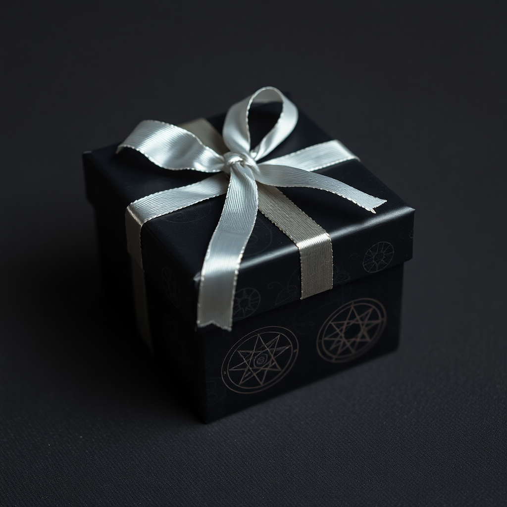 black gift box wrapped in occult symbol paper