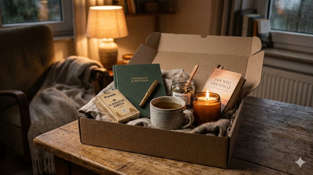 Analoges Abendgeschenk mit Karten, Tee und Kerzenlicht