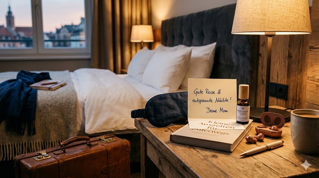 Reisegeschenk auf Nachttisch im Hotelzimmer