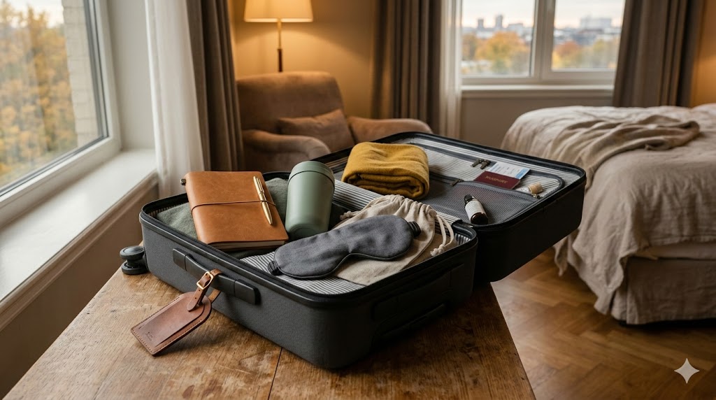 Reisegeschenk in offenem Koffer mit Notizbuch und Thermobecher