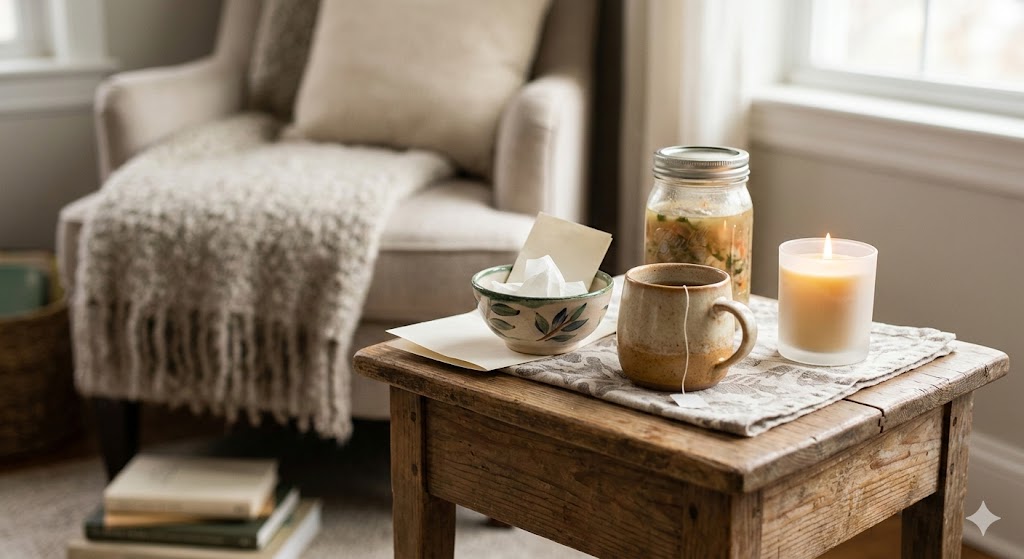 Kleines Care-Paket auf einem Beistelltisch