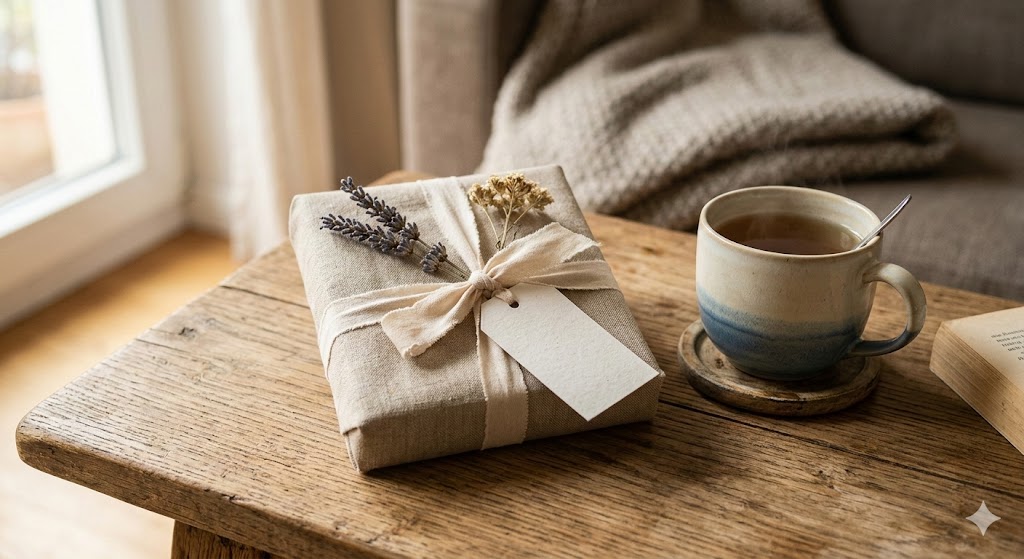 Schlicht verpacktes Trostgeschenk mit Leinenband