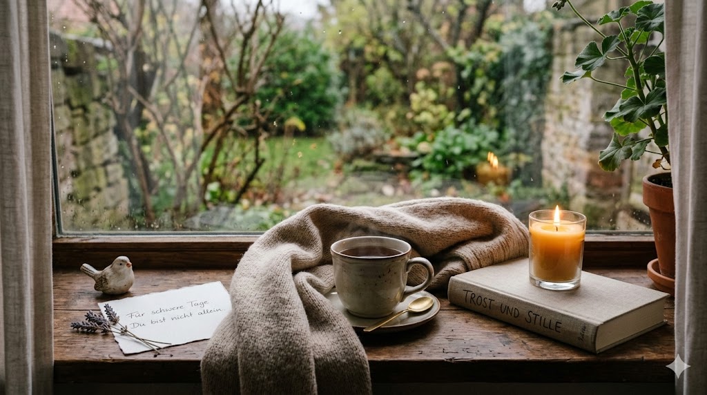 Leises Trostgeschenk mit Tee, Decke und handgeschriebener Karte